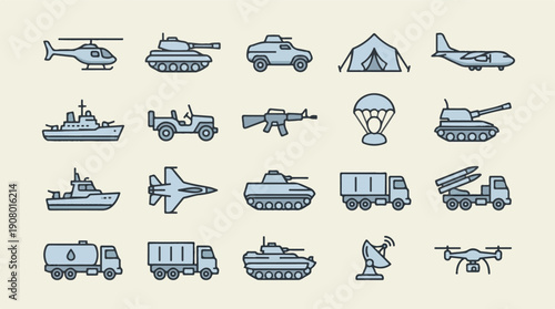 Collection of military vehicles and equipment line icons