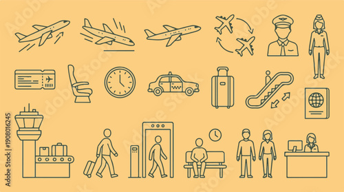 Airport and Aviation Line Icons Set: Travel, Passengers, and Infrastructure