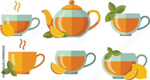 Cute hand drawn tea cup and teapot illustration set with lemon slices and fresh leaves isolated on white background