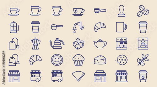 Coffee and Tea Outline Icons Set: Bakery, Cafe, and Drink Symbols