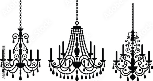 Elegant black chandelier silhouette set featuring classic ornate ceiling light fixtures isolated on white background for luxury interior decor design
