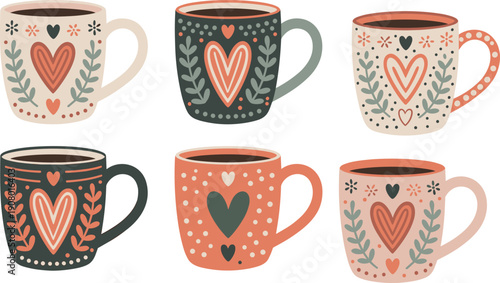 Cute hand drawn coffee mug illustration set with heart patterns and pastel colors isolated on white background for cozy design