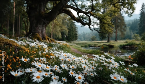 Field of daisies and wildflowers under ancient oak tree beside forest stream on a misty morning Generative AI