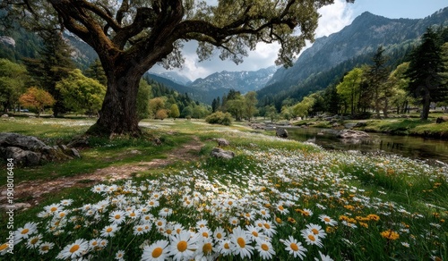 Field of daisies and wildflowers under ancient oak tree beside forest stream on a misty morning Generative AI