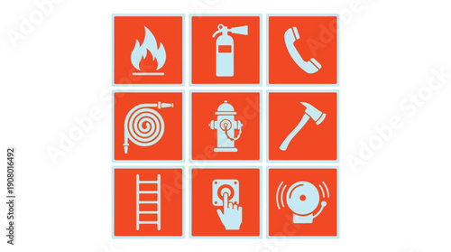 Fire safety and emergency icons set on orange background