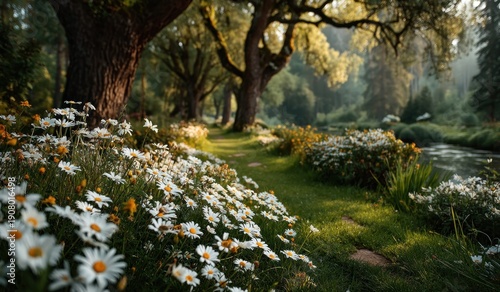 Field of daisies and wildflowers under ancient oak tree beside forest stream on a misty morning Generative AI