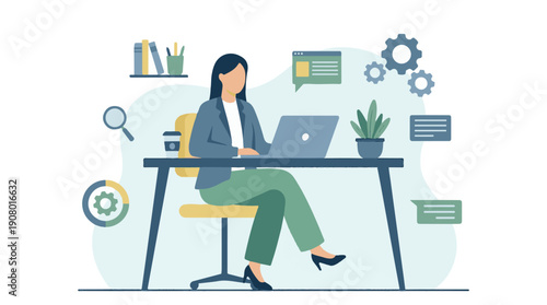 Professional businesswoman working on laptop at desk in modern office illustration