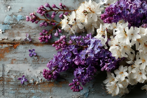 Lilac and cherry blossom flowers arranged on rustic peeling wood background in soft natural light Generative AI
