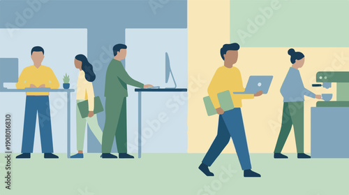 Diverse people working and interacting in a modern office environment