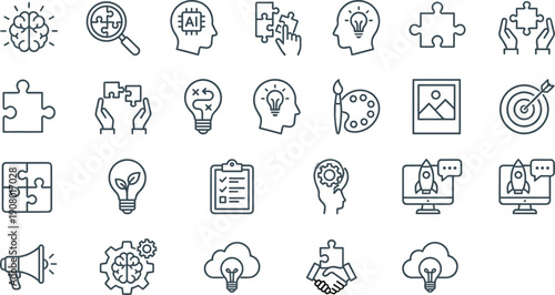 Creativity and problem solving line icons set, business strategy symbols, innovation light bulb, puzzle solution, teamwork vector signs for interface