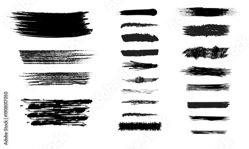 Collection of black ink brush strokes and paint textures.