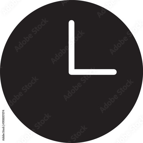 Black and white clock silhouette vector design showing minimalist face with hands at three o’clock.