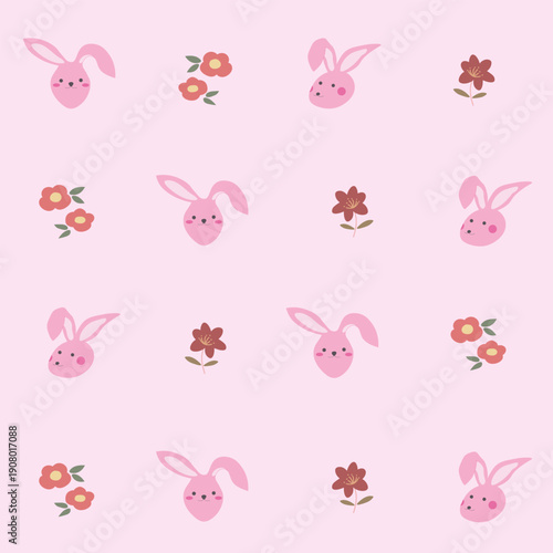 Easter  seamless pattern with cute pink bunnies and flower