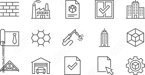 Construction and architecture line icons set, building industry symbols, engineering blueprints, factory manufacturing signs, vector design elements