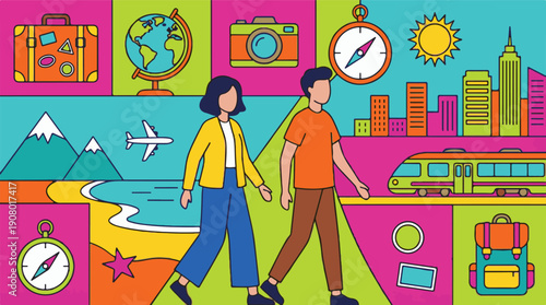 Colorful illustration of travel and tourism with global destinations and transport