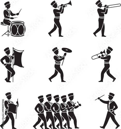 Powerful black silhouettes of a marching band performing with drums, brass instruments, and flags