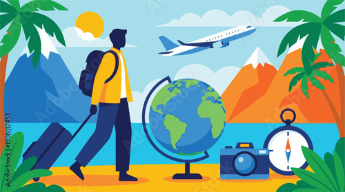 Traveler with luggage, globe, and airplane ready for world adventure