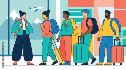 Diverse group of travelers with luggage at airport, ready for their journey
