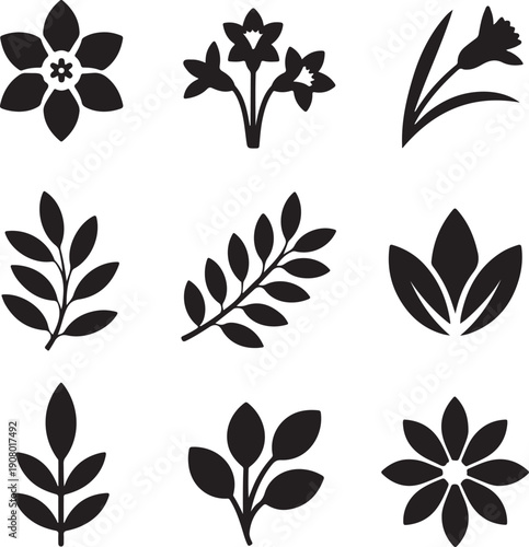 A collection of nine distinct black silhouette icons featuring various flower and leaf designs