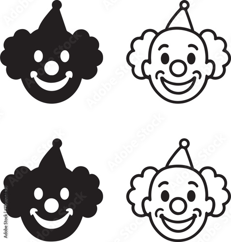 Isolated clown face icon, clown face silhouette icon, clown face carnival icon, happy clown symbol, prank party graphic, minimal vector, outline solid style, isolated white background