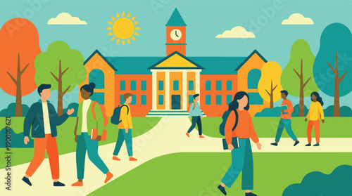 Diverse students walking on university campus, flat design illustration