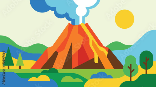 Vibrant Flat Design Illustration of an Erupting Volcano Landscape