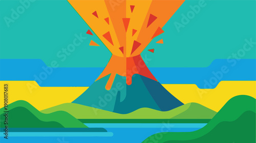 Colorful stylized illustration of a volcanic eruption in a vibrant landscape