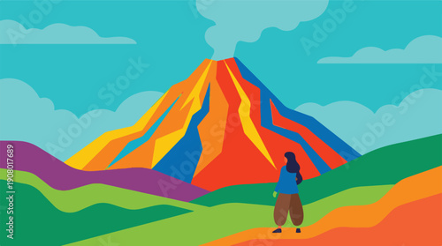 Vibrant flat design landscape with person viewing a smoking volcano