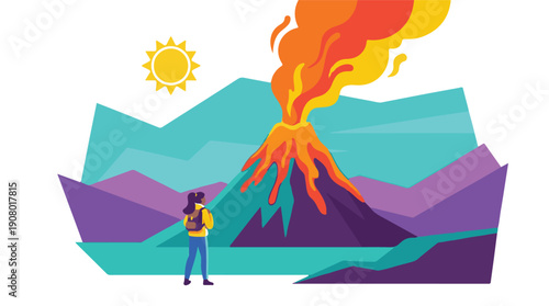 Hiker watches a powerful volcanic eruption with lava flowing in nature landscape