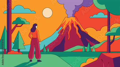 Colorful Stylized Landscape with Woman Observing an Erupting Volcano