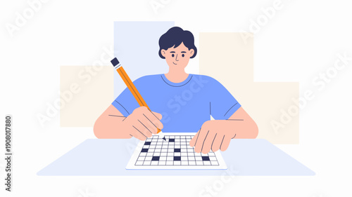 man solving a crossword puzzle with focus and concentration at a table brain training and mental challenge concept