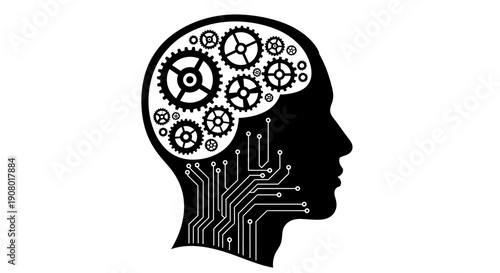 A human head silhouette with visible internal gears and circuitry, symbolizing the blend of human thought and technology, illustrated in a detailed black and white graphic representation.