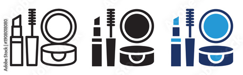 Makeup Icon Set – Cosmetics and Beauty Tools Vector Illustration. Multiple Concept Makeup Icons Collection – Lipstick, Brush, Compact Vector Set.