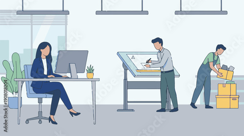Professionals working in an office: businesswoman, architect, and mover