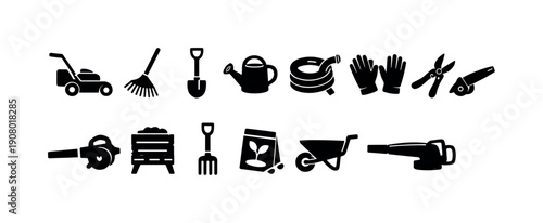 Collection of black silhouette icons representing various gardening tools and equipment for yard work