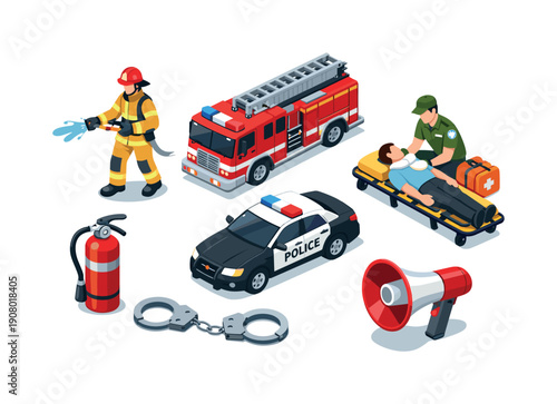 Emergency services isometric icons: firefighter, ambulance, police car, and medical team