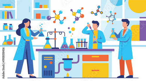 Chemistry laboratory with researchers performing scientific experiments