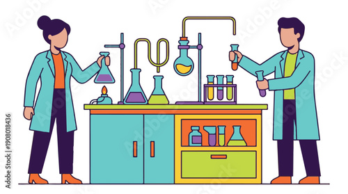 Scientists conducting experiments in a vibrant chemistry laboratory illustration
