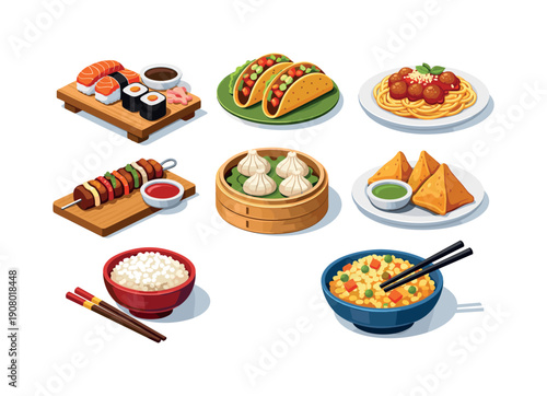 Diverse international cuisine assortment: sushi, tacos, pasta, dumplings, samosas, and rice dishes