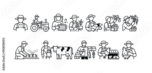 Collection of farmer icons depicting various agricultural activities and livestock care