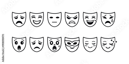 Collection of theatrical masks displaying various emotions and expressions in a simple line art style