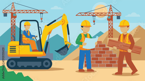 Construction site with workers, excavator, and tower cranes under sunny sky