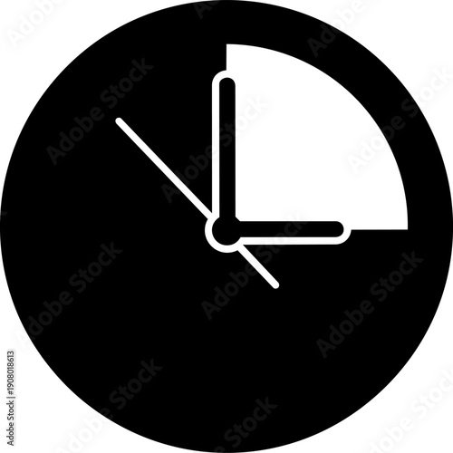 Black and white clock silhouette vector design showing analog face with hands near four o’clock
