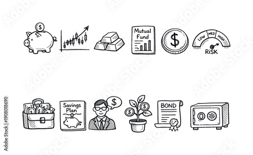 Collection of hand-drawn financial icons representing investment and savings concepts