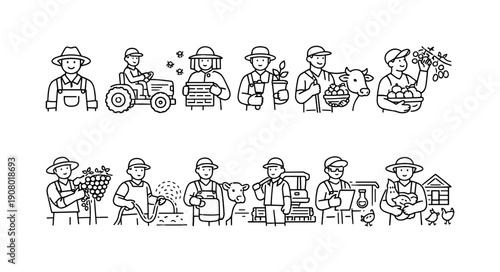 Diverse farmers engaged in various agricultural activities, showcasing rural life and farming occupations