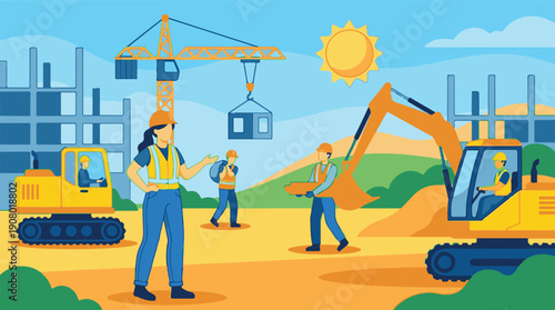 Busy construction site with excavators, crane, and builders at work