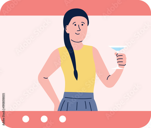 Woman with party drink in online app. Friend video chat party