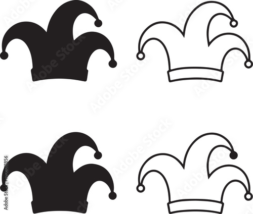 Isolated jester hat icon, jester hat silhouette icon, jester hat carnival icon, april fools prank symbol, clown party graphic, minimal vector, outline solid style, isolated white background