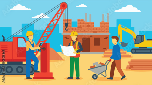 Construction site with workers, heavy equipment, and building in progress
