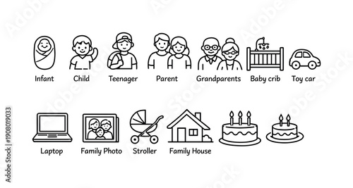Collection of family and life icons representing different stages and elements of family life
